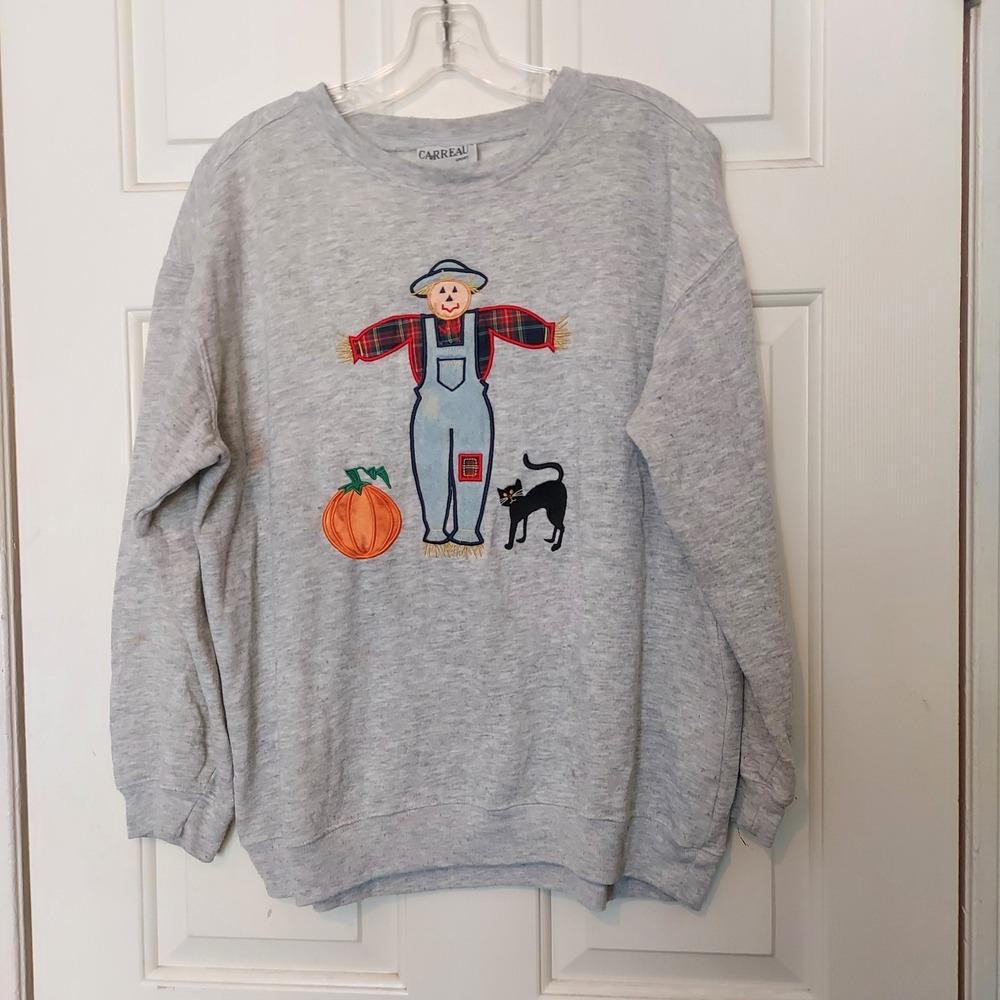 Carreau Sport Womens Gray Embroidered Scarecrow Pumpkin Cat Fall Sweatshirt M